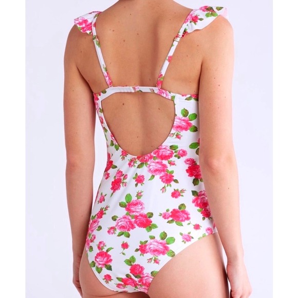 Betsey Johnson Other - Betsey Johnson Womens White Pink Rose Floral Ruffle V-Neck One Piece Swimsuit L